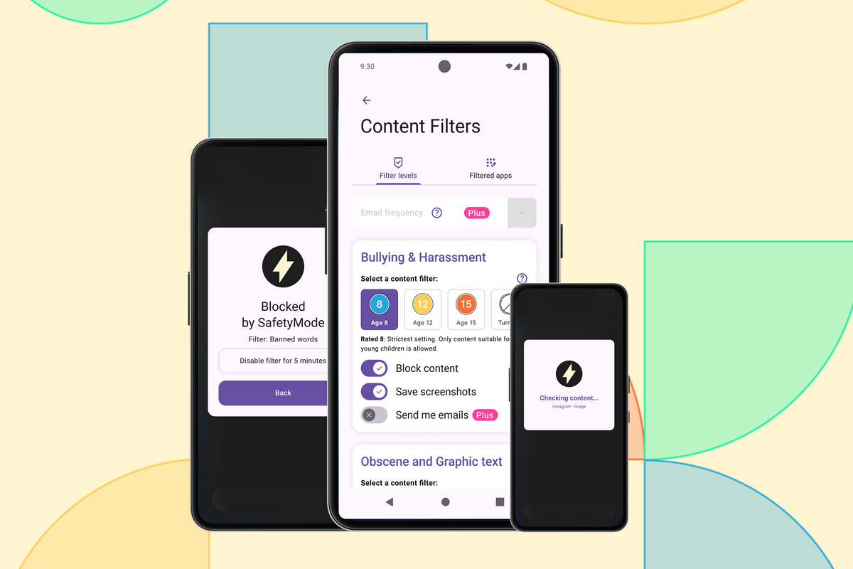 SafetyMode's Content Filters screen showing live content blocking in action, including a Blocked by SafetyMode screen and real-time content checking